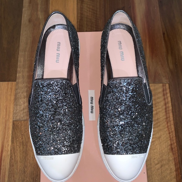 Miu Miu Calzature Donna Glitter Slip-On Sneakers - Picture 1 of 8